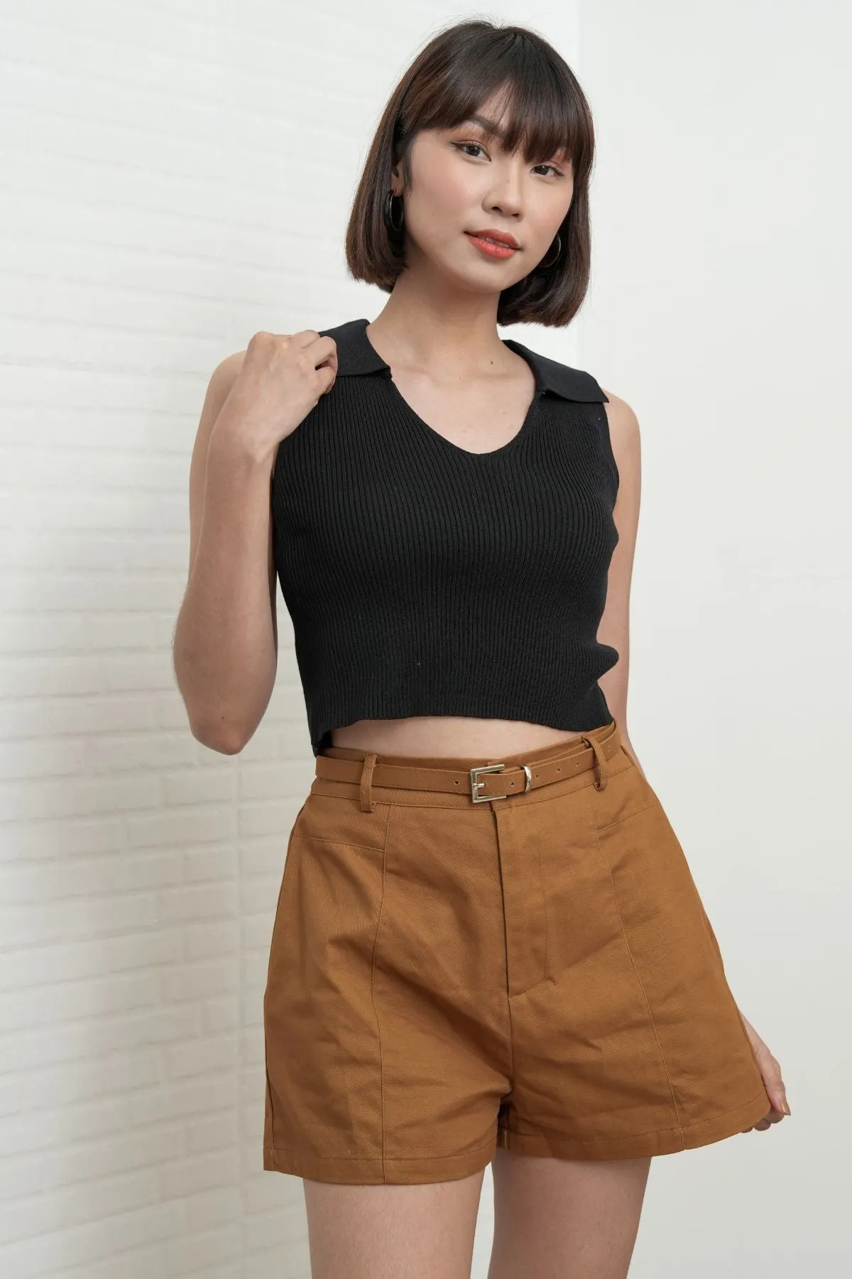 DARCY Tailored High Waist Belted Shorts (Tawny Brown)