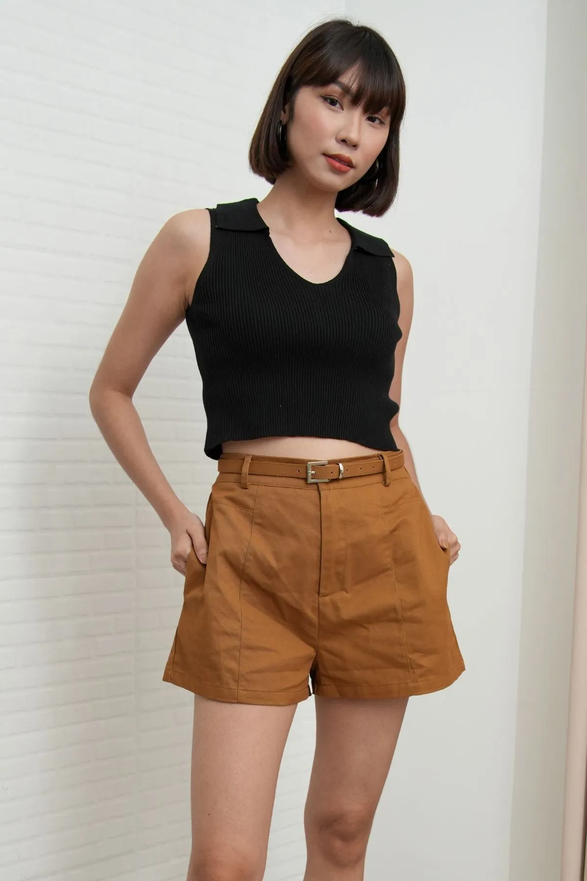 DARCY Tailored High Waist Belted Shorts (Tawny Brown)