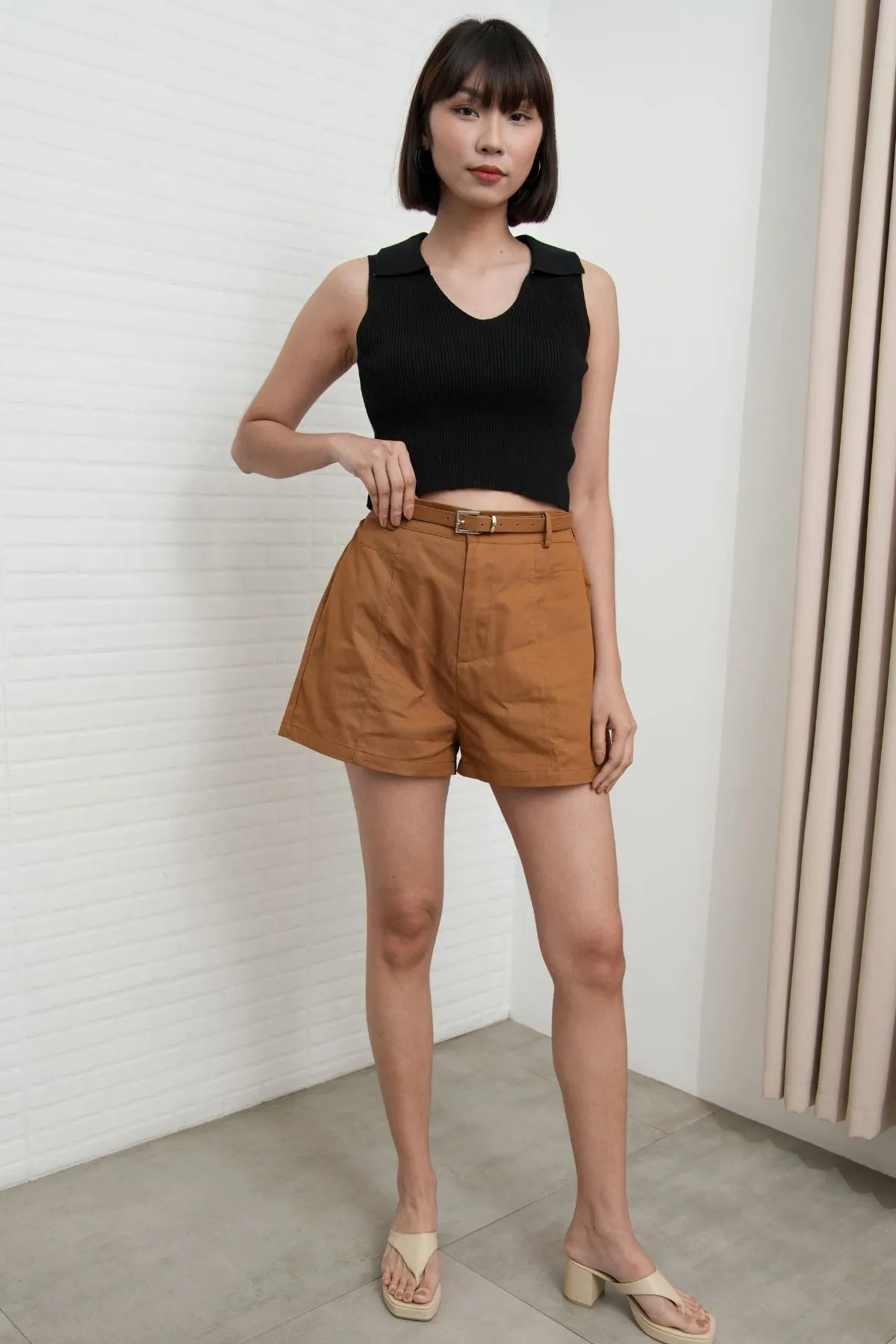 DARCY Tailored High Waist Belted Shorts (Tawny Brown)