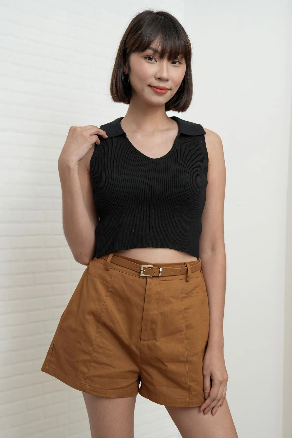 DARCY Tailored High Waist Belted Shorts (Tawny Brown)