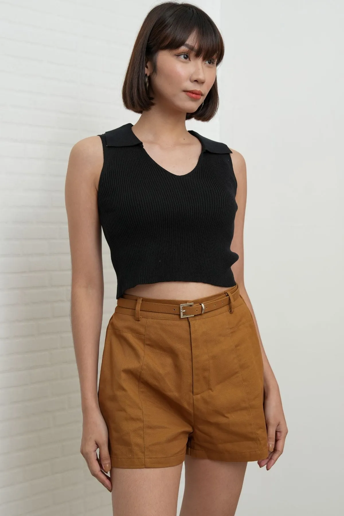 DARCY Tailored High Waist Belted Shorts (Tawny Brown)