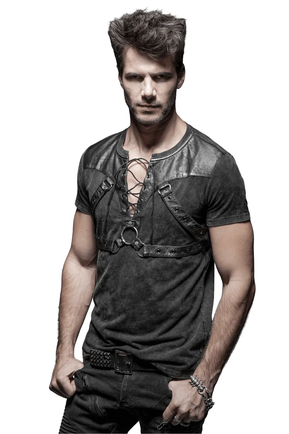 Edgy Punk Rock T-Shirt with Leather and Rope Details