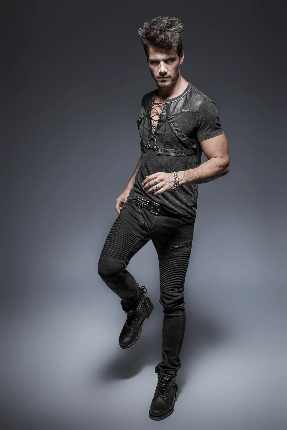 Edgy Punk Rock T-Shirt with Leather and Rope Details