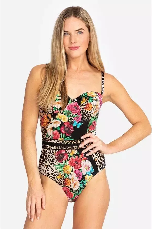 Johnny Was Sandra One Piece Swimsuit Floral Black Leopard Flowers Swimwear Small NEW