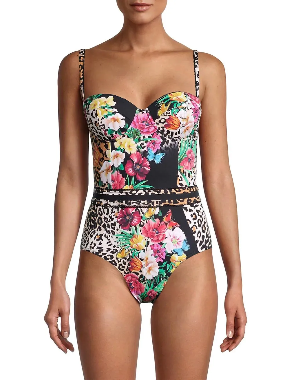 Johnny Was Sandra One Piece Swimsuit Floral Black Leopard Flowers Swimwear Small NEW