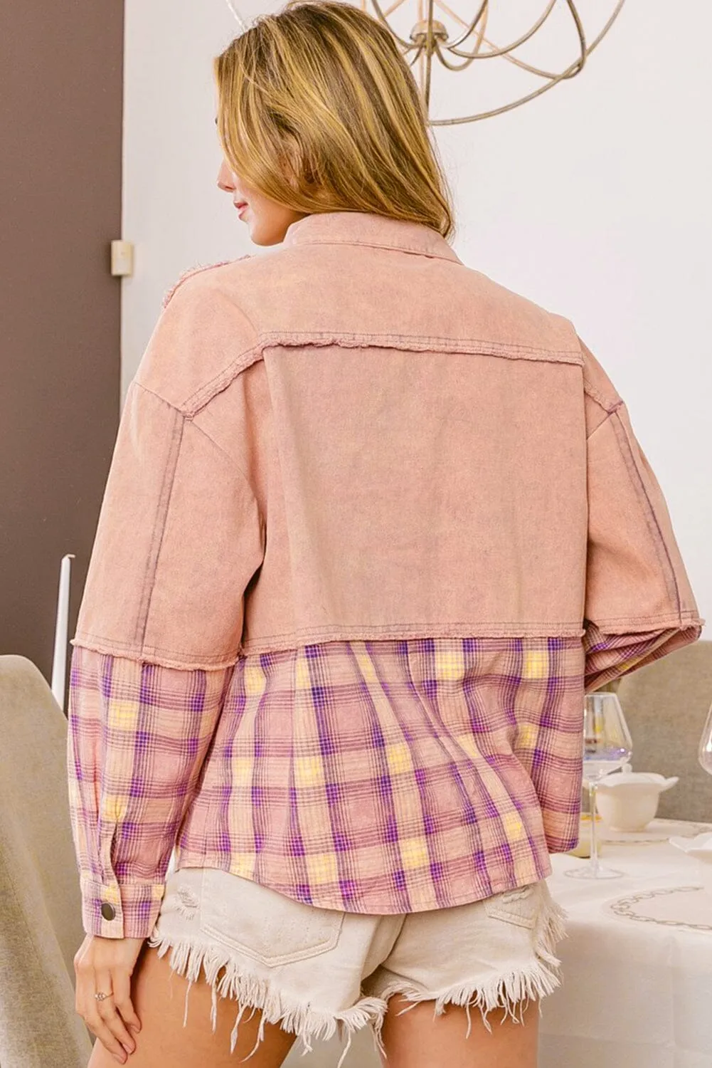 KaleaBoutique Frayed Patchwork Plaid Contrast Jacket