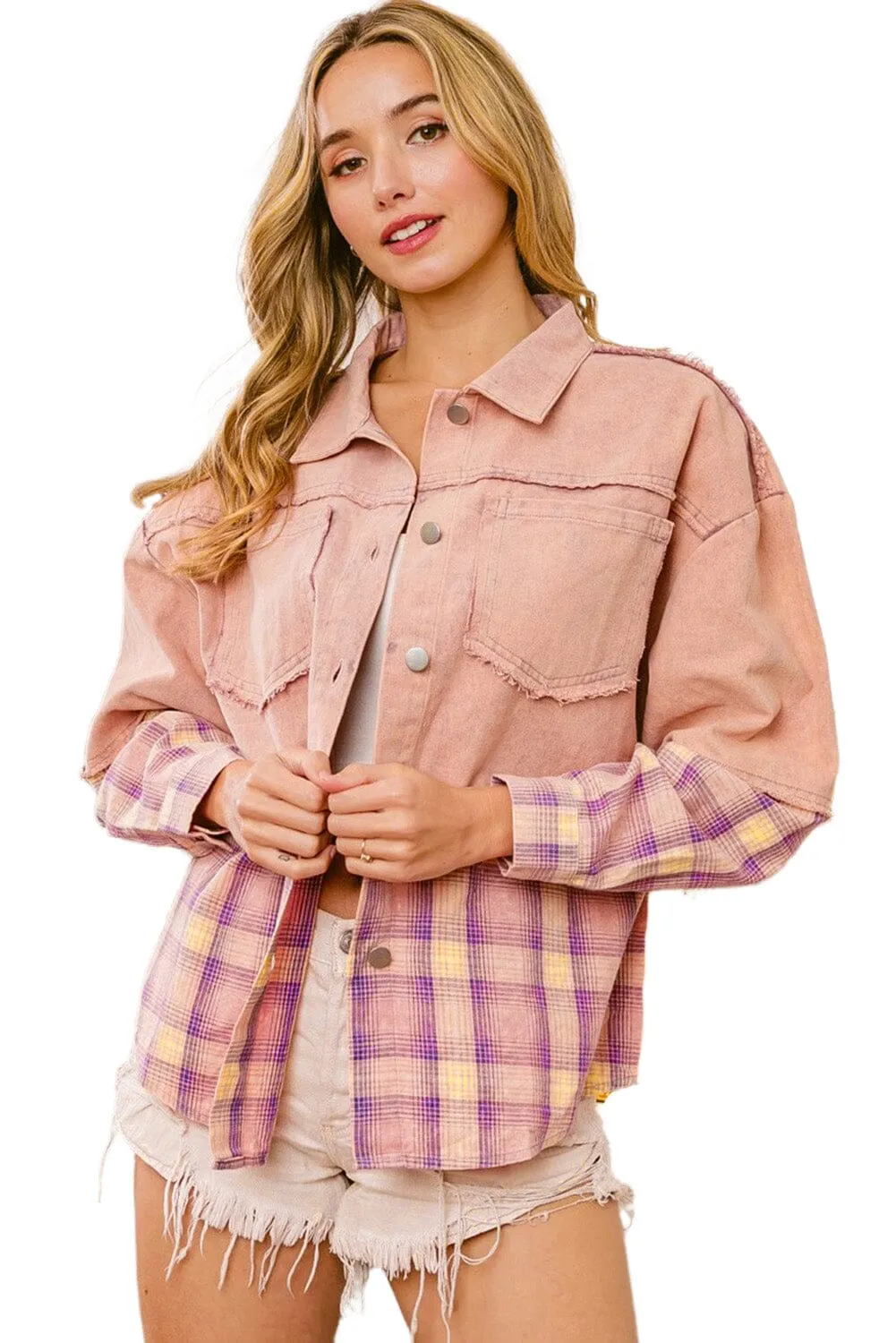 KaleaBoutique Frayed Patchwork Plaid Contrast Jacket