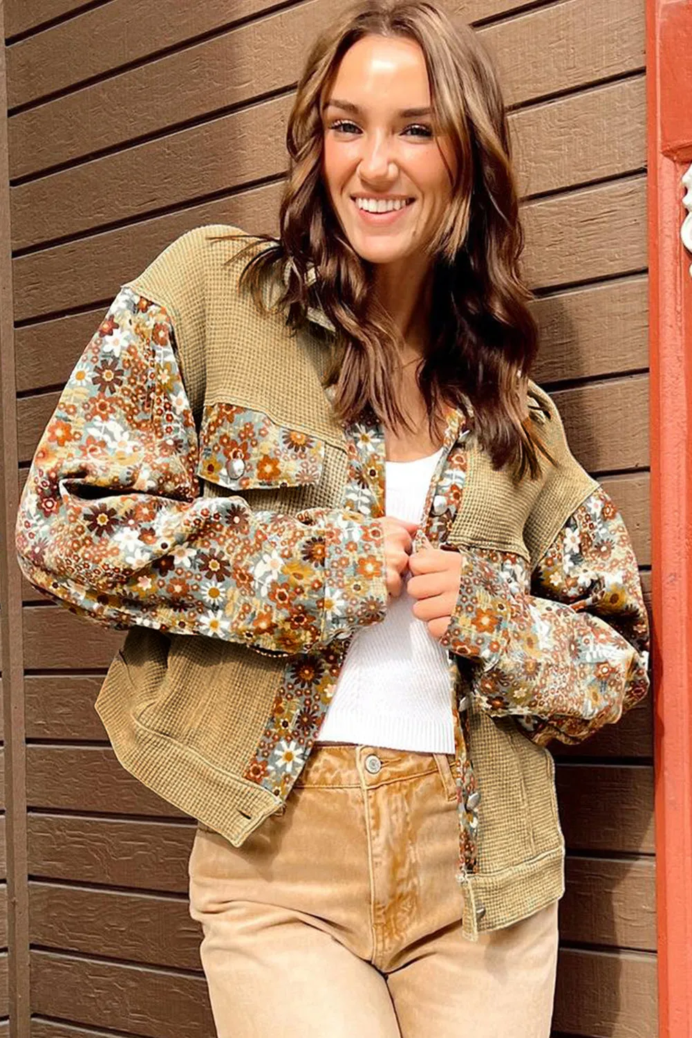 KaleaBoutique Waffle Knit Floral Print Patchwork Button up Jacket