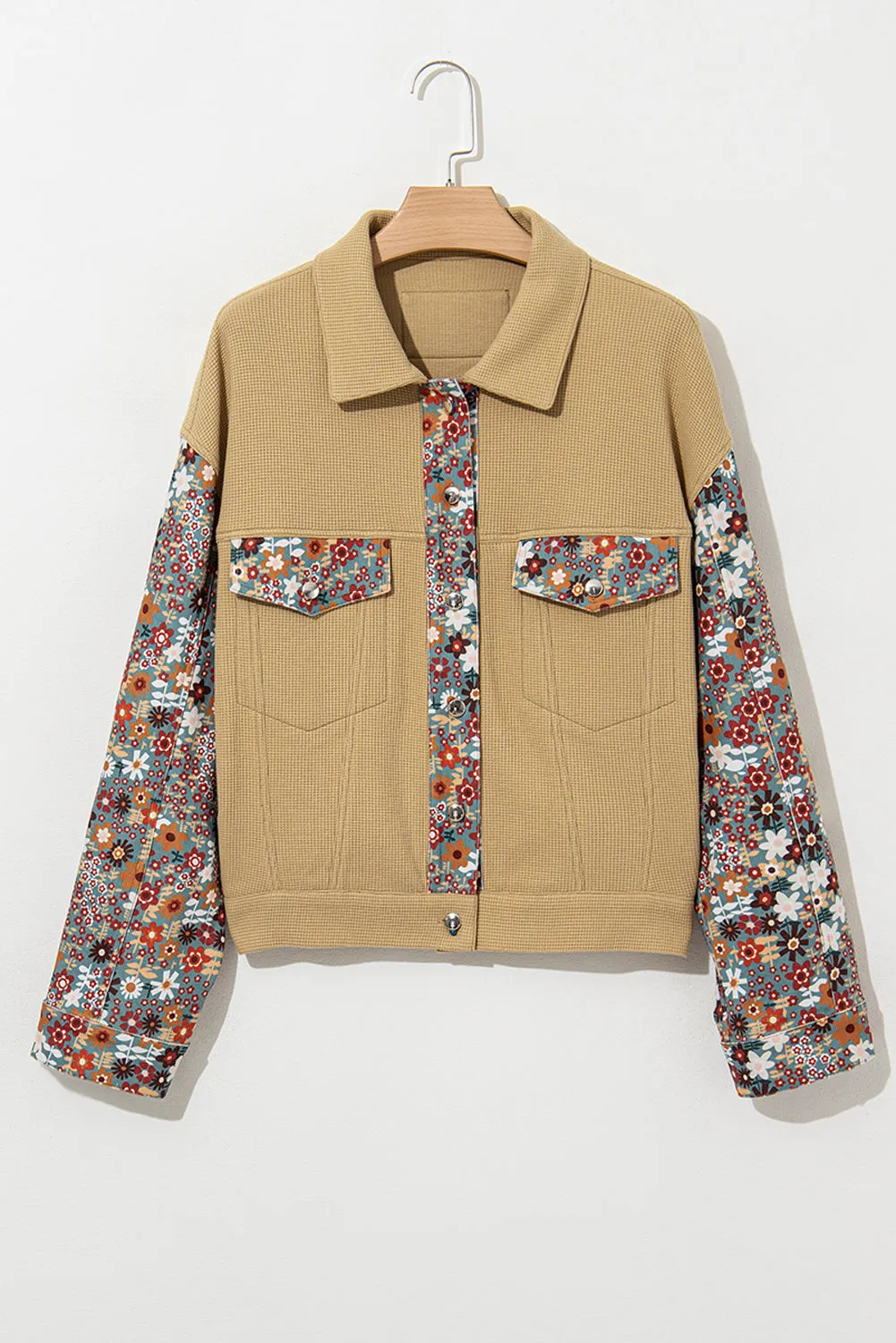 KaleaBoutique Waffle Knit Floral Print Patchwork Button up Jacket