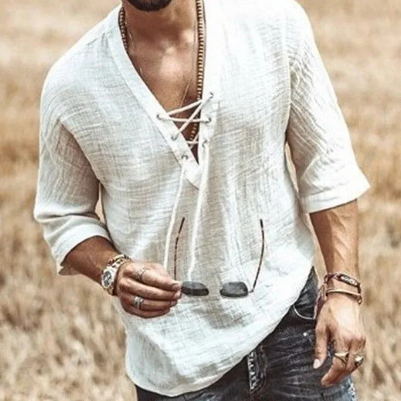 Men’s Bohemian Lace-Up Linen Shirt – Lightweight, Stylish, and Perfect for Casual Wear