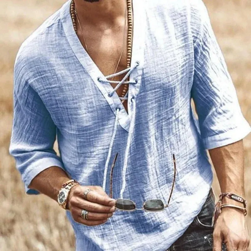 Men’s Bohemian Lace-Up Linen Shirt – Lightweight, Stylish, and Perfect for Casual Wear