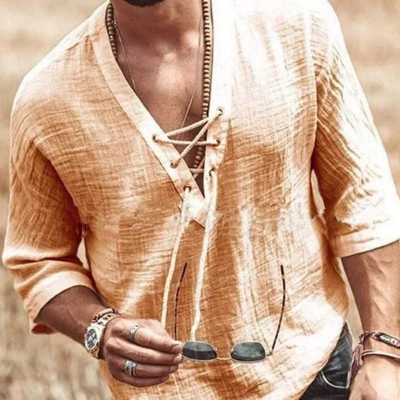Men’s Bohemian Lace-Up Linen Shirt – Lightweight, Stylish, and Perfect for Casual Wear