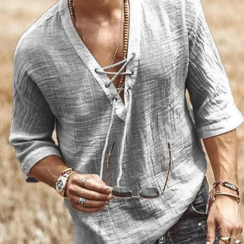 Men’s Bohemian Lace-Up Linen Shirt – Lightweight, Stylish, and Perfect for Casual Wear