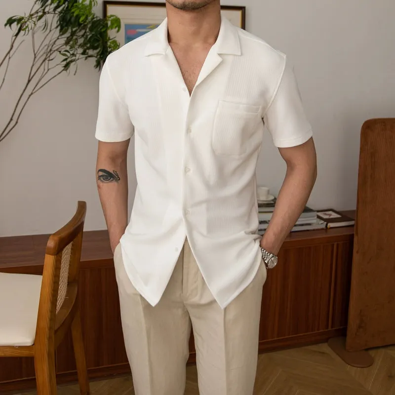 Men's Short Sleeved Cuban Collar Shirt, Lightweight Summer Waffle Texture, Smart Casual Holiday Look