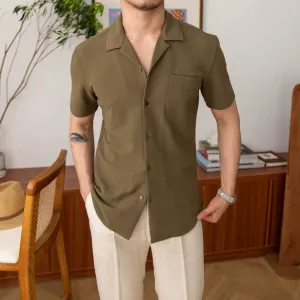 Men's Short Sleeved Cuban Collar Shirt, Lightweight Summer Waffle Texture, Smart Casual Holiday Look