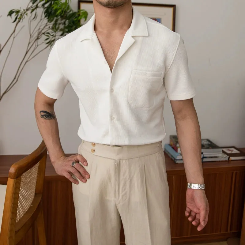 Men's Short Sleeved Cuban Collar Shirt, Lightweight Summer Waffle Texture, Smart Casual Holiday Look