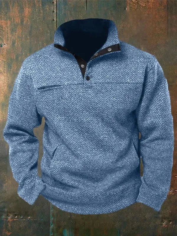 Men's Western Style Herringbone Design Patchwork Stand Collar Button Sweatshirt