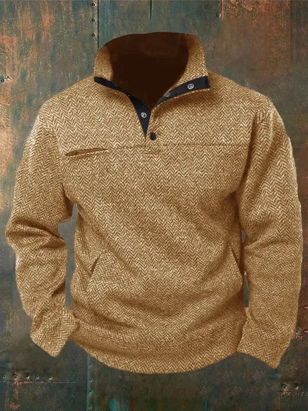Men's Western Style Herringbone Design Patchwork Stand Collar Button Sweatshirt