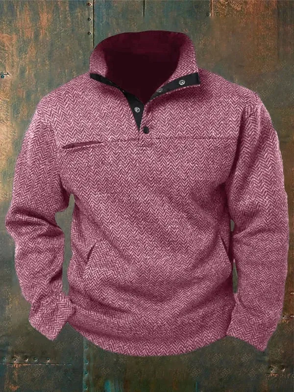 Men's Western Style Herringbone Design Patchwork Stand Collar Button Sweatshirt