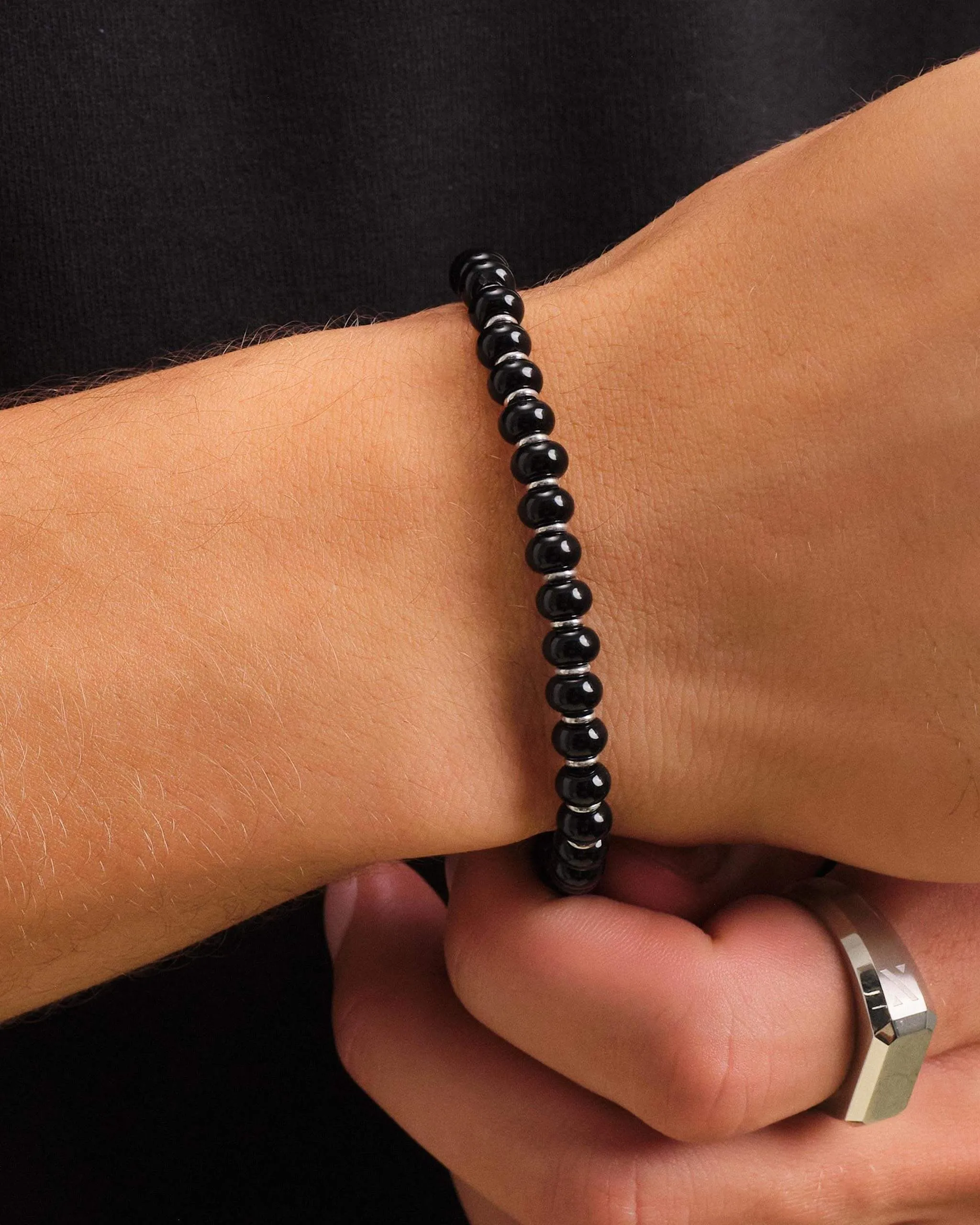 Onyx Beaded Bracelet - Silver