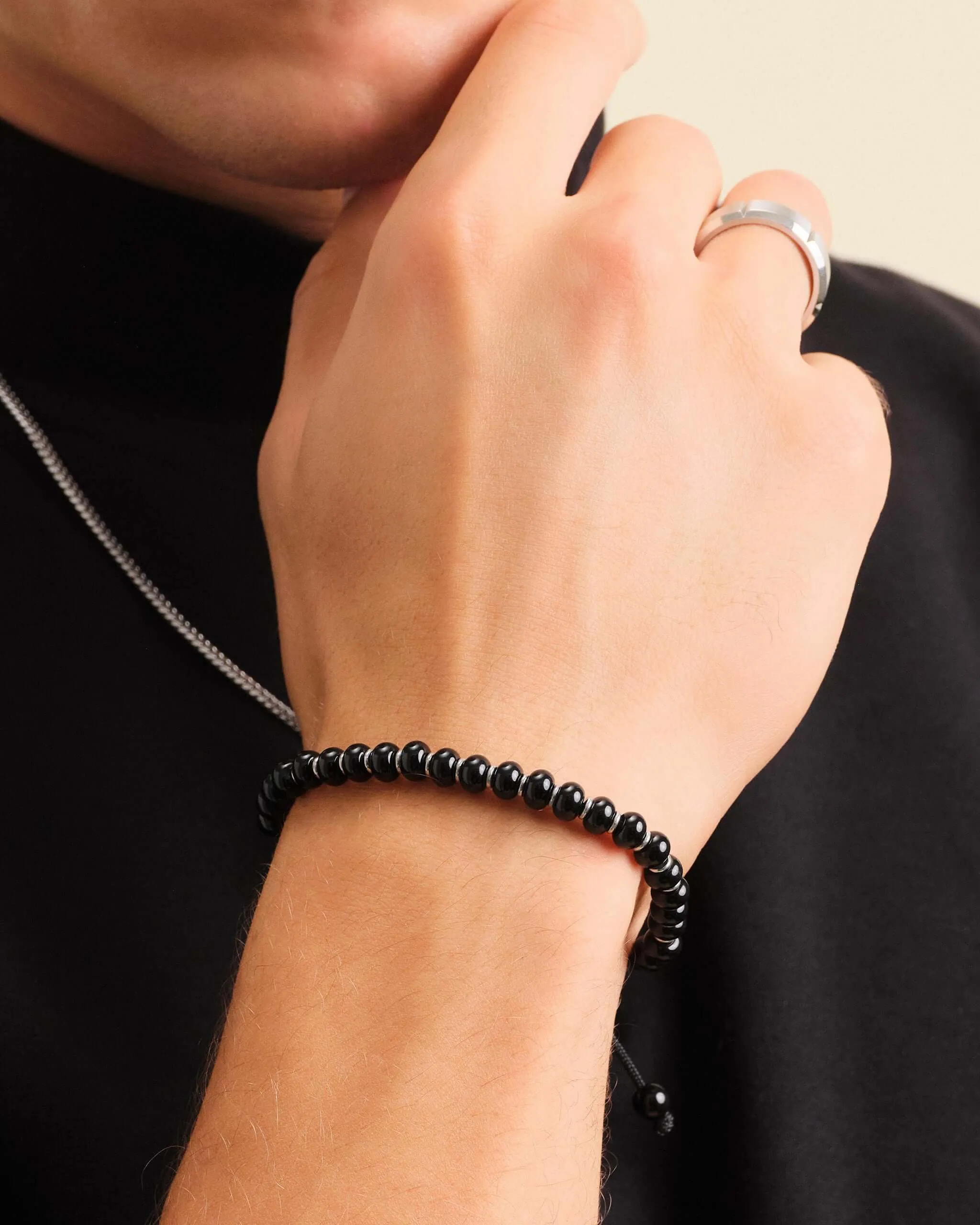 Onyx Beaded Bracelet - Silver