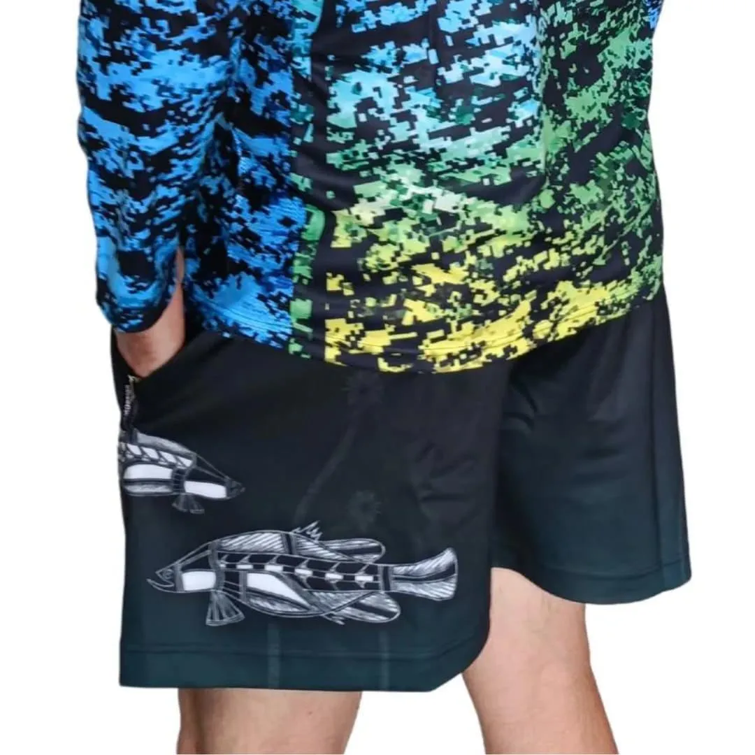 Rugby Shorts | Indigenous Waterhole Barramundi Black ★Pre-Order★